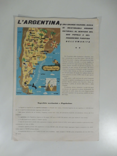 L'Argentina. Pieghevole promozionale a cura dell'Ufficio economico dell'ambasciata argentina in Italia per la XXXVI Fiera di Milano